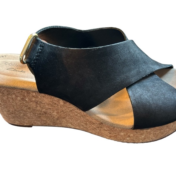 Clarks Annadel Eirwyn Black Leather Wedge Sandals sz 8 1/2 - Picture 8 of 9
